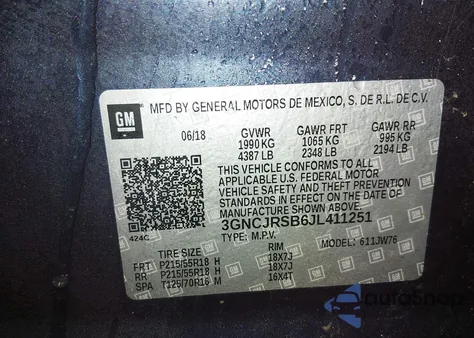 2018 Chevrolet Trax Premier z USA, uszkodzony, nr VIN 3GNCJRSB6JL411251